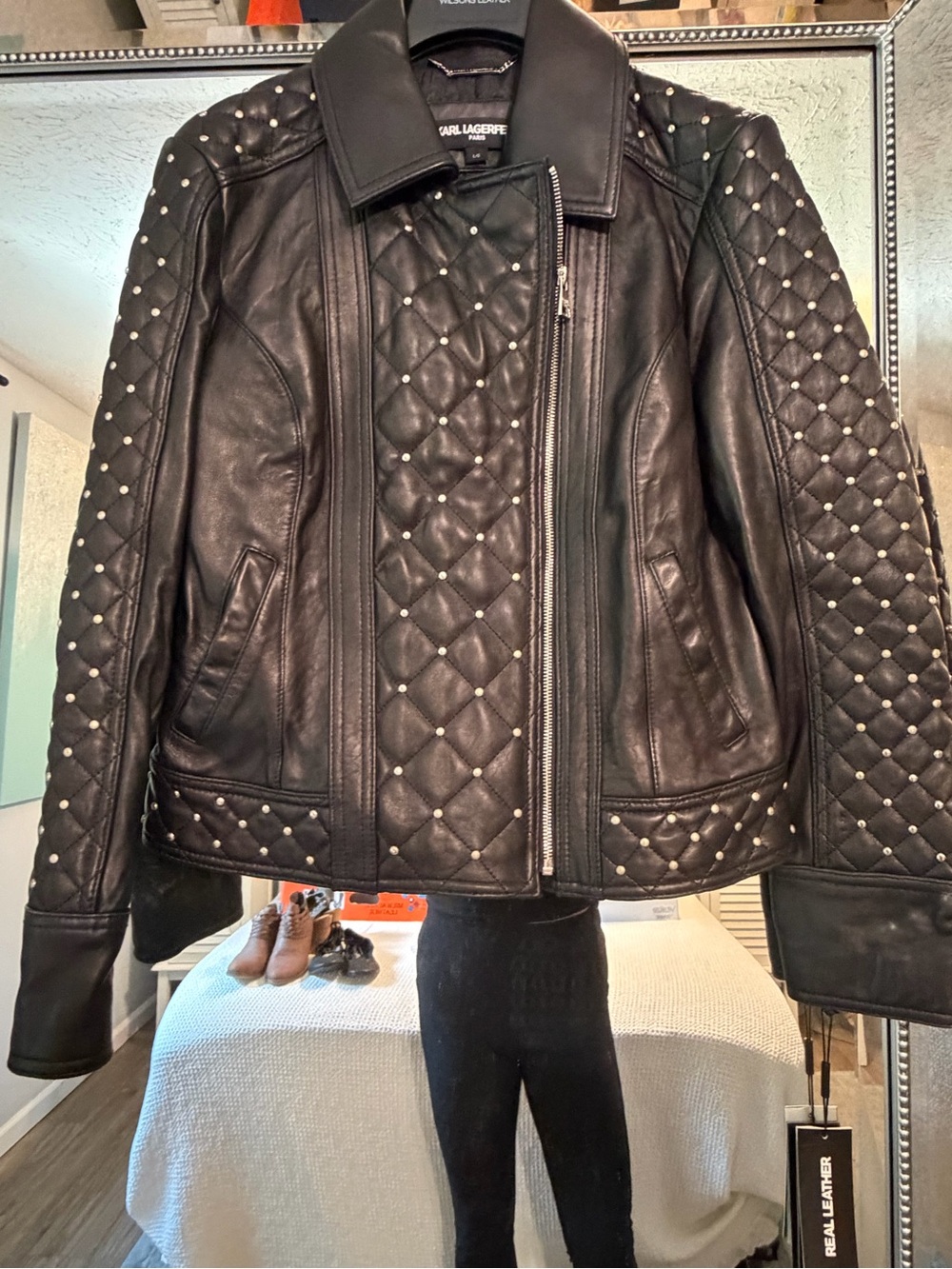 Karl Lagerfeld Black Quilted Stud-Accent Leather Moto Jacket